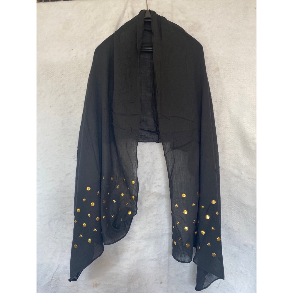 Black Lightweight Gold Stars And Round Beads Embellished Shawl Wrap